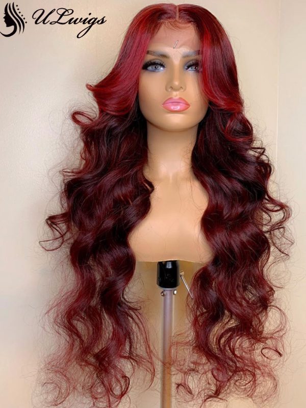 Dark Burgundy Color Body Wave Lace Front Wig With Bleached
