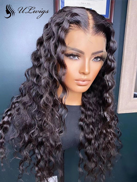 Thick Virgin Human Hair Deep Wave 360 Lace Frontal Wigs With Fake Scalp ULWIGS149