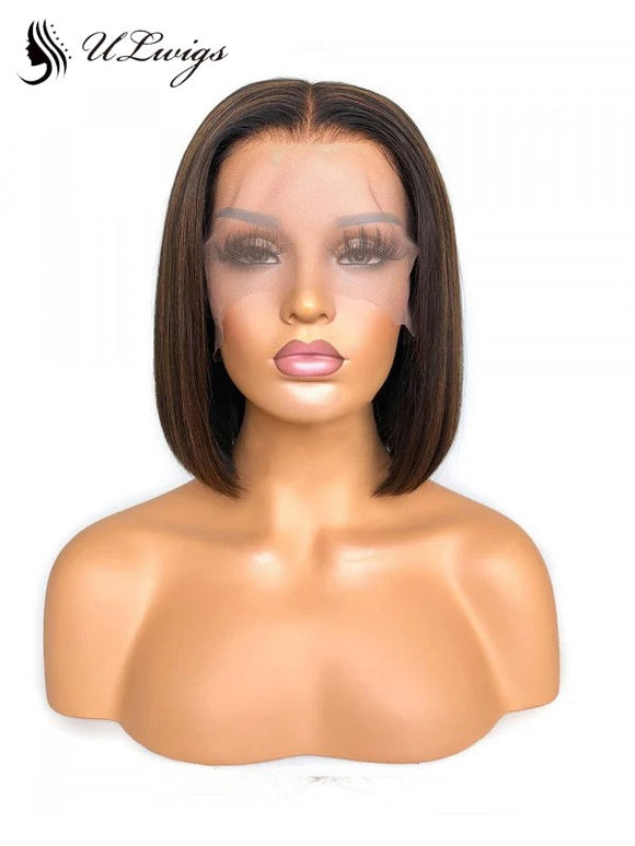  Rena Lace Front Bob Wig Human Hair Brown Streaks With Bleached Knots