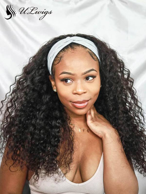 Affordable 150% Density Natural Curly Human Hair Wig Glueless Headband Wigs ULWIGS142