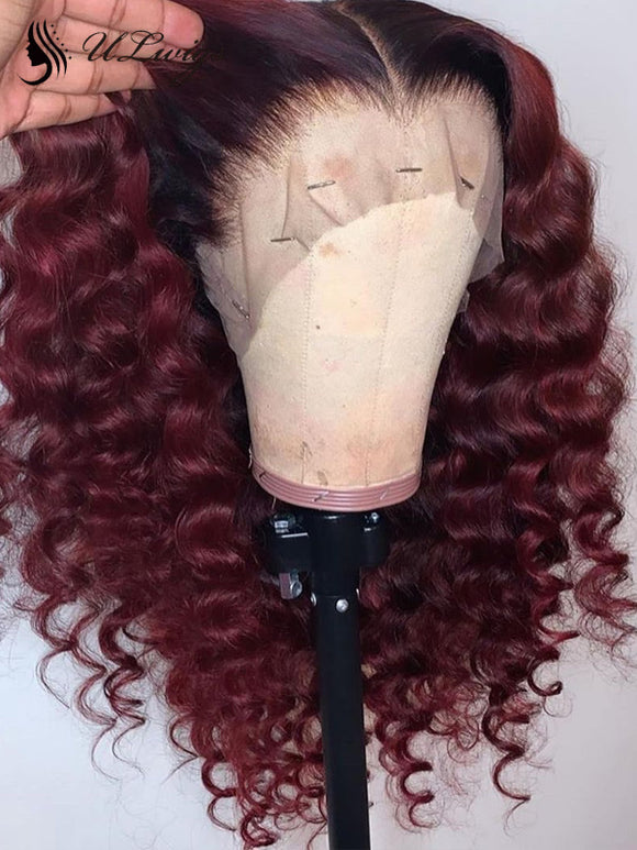 Best Virgin Human Hair Burgundy Color Wavy Lace Front Wig ULWIGS117