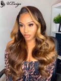 Chestnut Brown Mix Blonde Wavy HD Lace Frontal Wigs ULWIGS89 - ULwigs