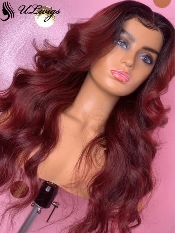 Dark Burgundy Color Body Wave Lace Front Wig With Bleached