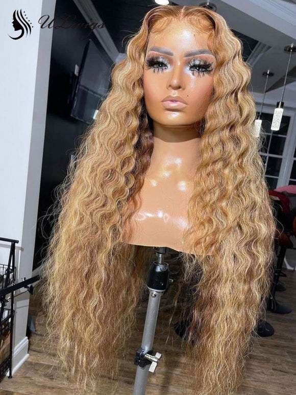 Golden Brown Two Tones Layer Curly Human hair Lace Front Wigs ULWIGS179