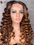 Highlight Ombre Brown Color Loose Wave 360 Lace Wigs With Bleached Knots [ULWIGS24] - ULwigs