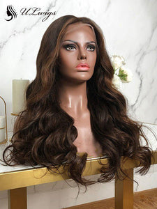 Light Brown Highlights Big Wavy Human Hair 360 Lace Wigs With Bleached Knots ULWIGS126