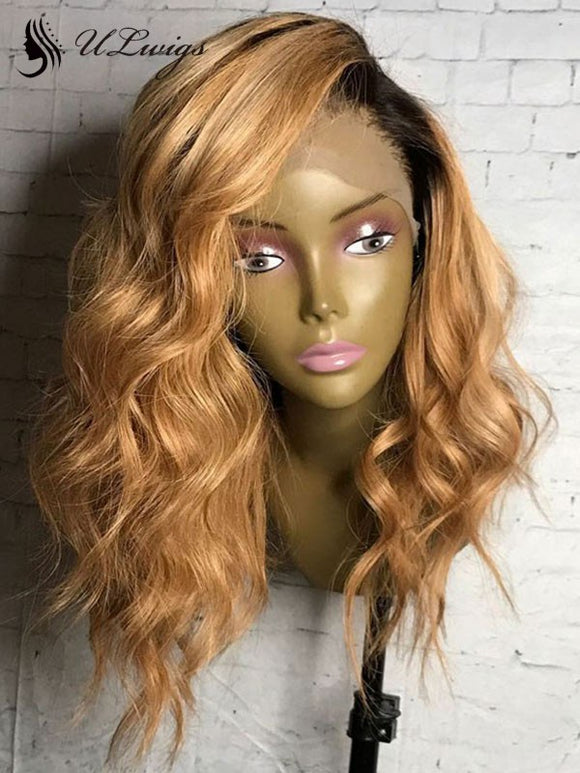 Meagan Ombre Color Short Wavy Hair Lace Front Wig With Bleached Knots ULWIGS luxy HAIR 100% HUMAN HAIR WIG FOR BLACK WOMEN