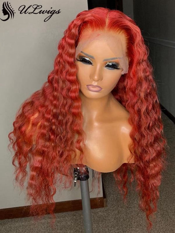 Orange Red Color Deep Wave Free Parting 360 Lace Wig [ULWIGS80] - ULwigs