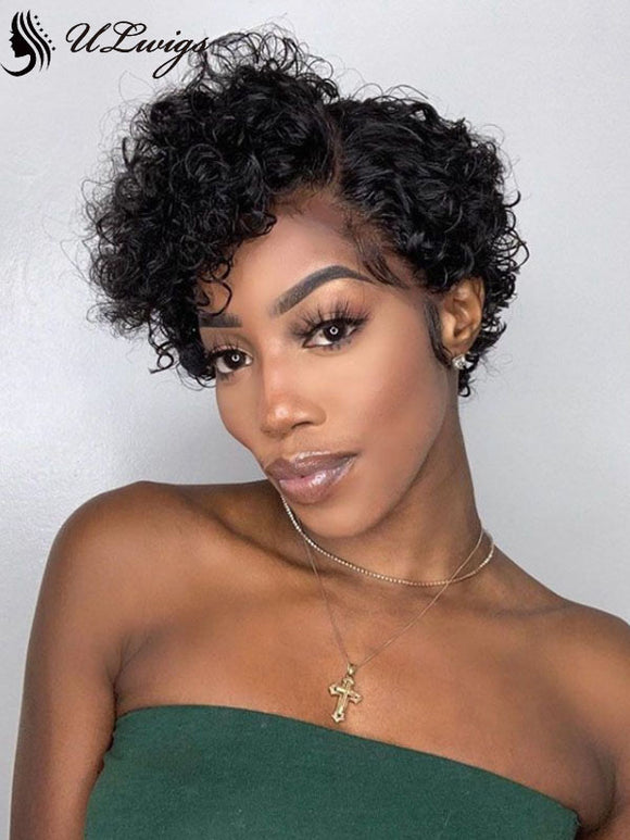 Pixie Cut Curly Wigs 180% Density Human Hair Wigs With Bleached Knots ULWIGS167