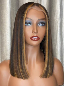 Shoulder Length Caramel Brown with Blonde Highlights Lace Front Wigs ULWIGS307