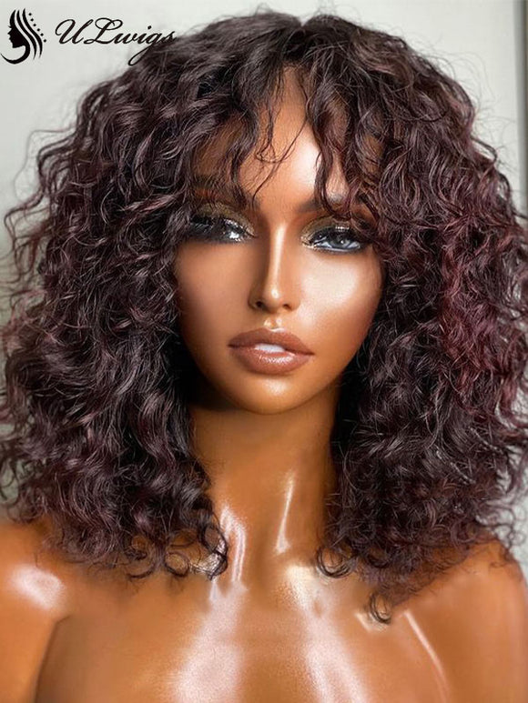 Shoulder Length Mahogany Curly Curtain Bangs 13*6 Lace Front Wig ULWIGS309