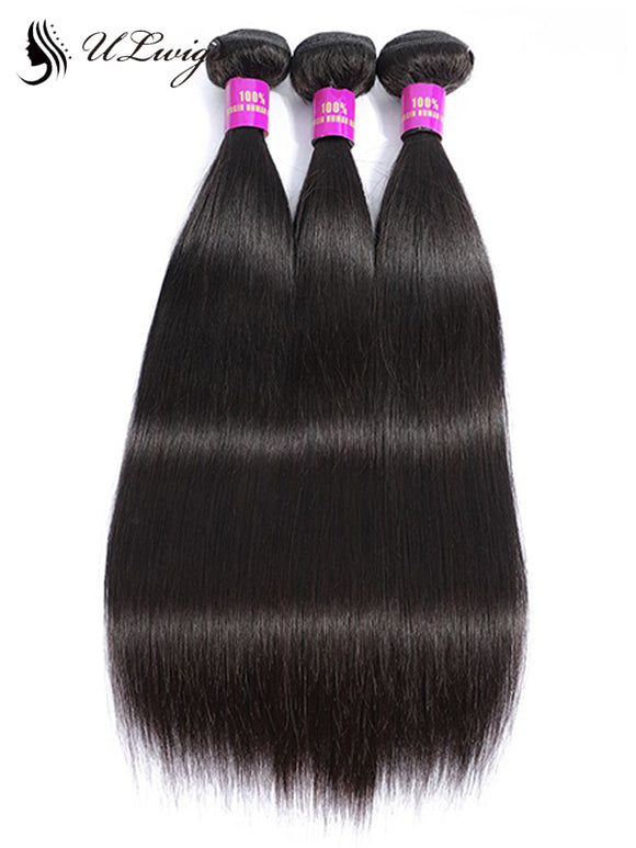 ULWIGS 3 Bundles/Pack Virgin Human Hair Extensions Straight Natural Black Color