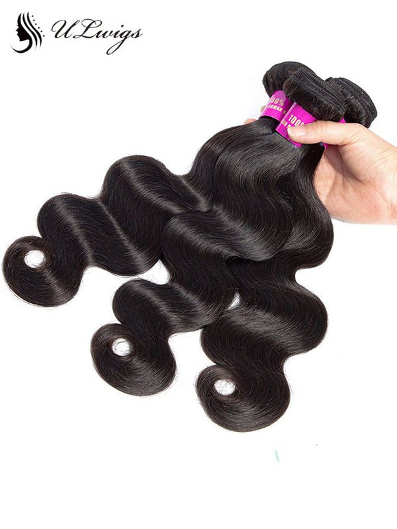 ULWIGS Lace Closure 4X4 With 3 Bundles Body Wave Human Virgin Hair Natural Black Color 