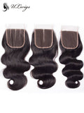 ULWIGS Lace Closure 4X4 With 3 Bundles Body Wave Human Virgin Hair Natural Black Color 