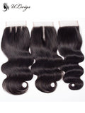 ULWIGS Lace Closure 4X4 With 3 Bundles Body Wave Human Virgin Hair Natural Black Color 