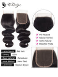 ULWIGS Lace Closure 4X4 With 3 Bundles Body Wave Human Virgin Hair Natural Black Color 