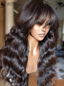 Long Wavy Virgin Human Hair Plucked 360 Lace Frontal Wig With Bangs ULWIGS144